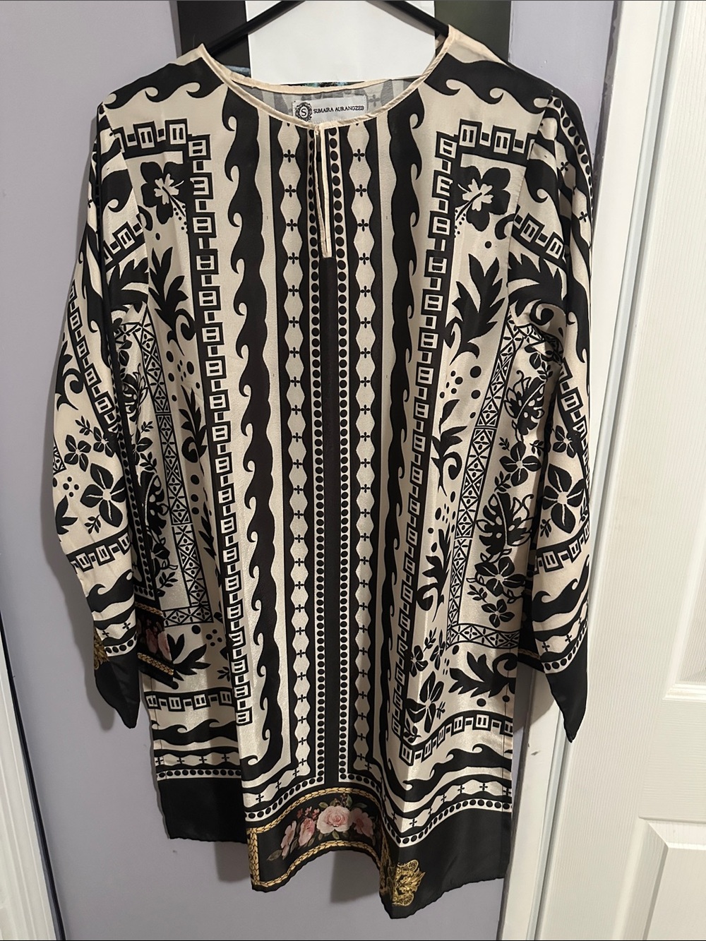 Black and Cream Printed Crewneck Women's Dress